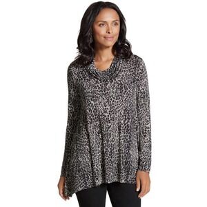 Chico's Gray & Black Texture Leopard Sheena Shark Bite Cowl Neck Top XL